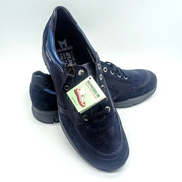 Mephisto Ylona Navy Blue Metallic Suede Leather Sneakers NWT